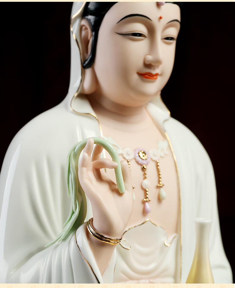 七珍 陶瓷云莲南海观音佛像绿衣彩坐莲观世音菩萨像坐像家用供奉 d08
