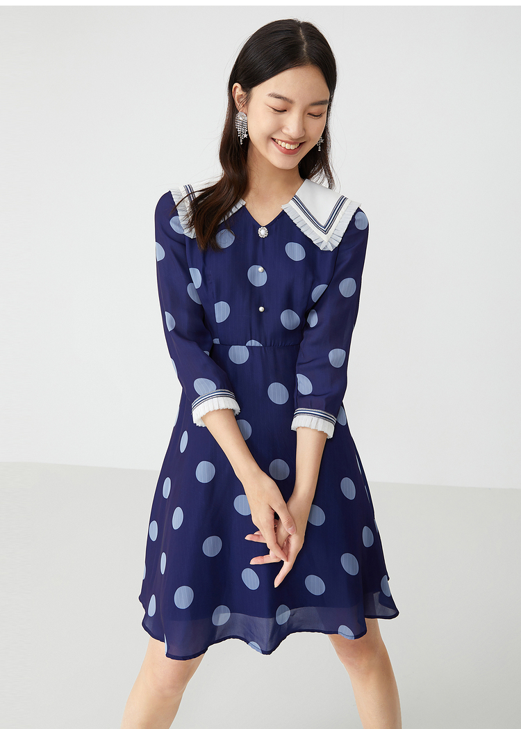 yiner音儿女装2021春季新款时尚波点百褶边拼接翻领连衣裙 藏蓝 38