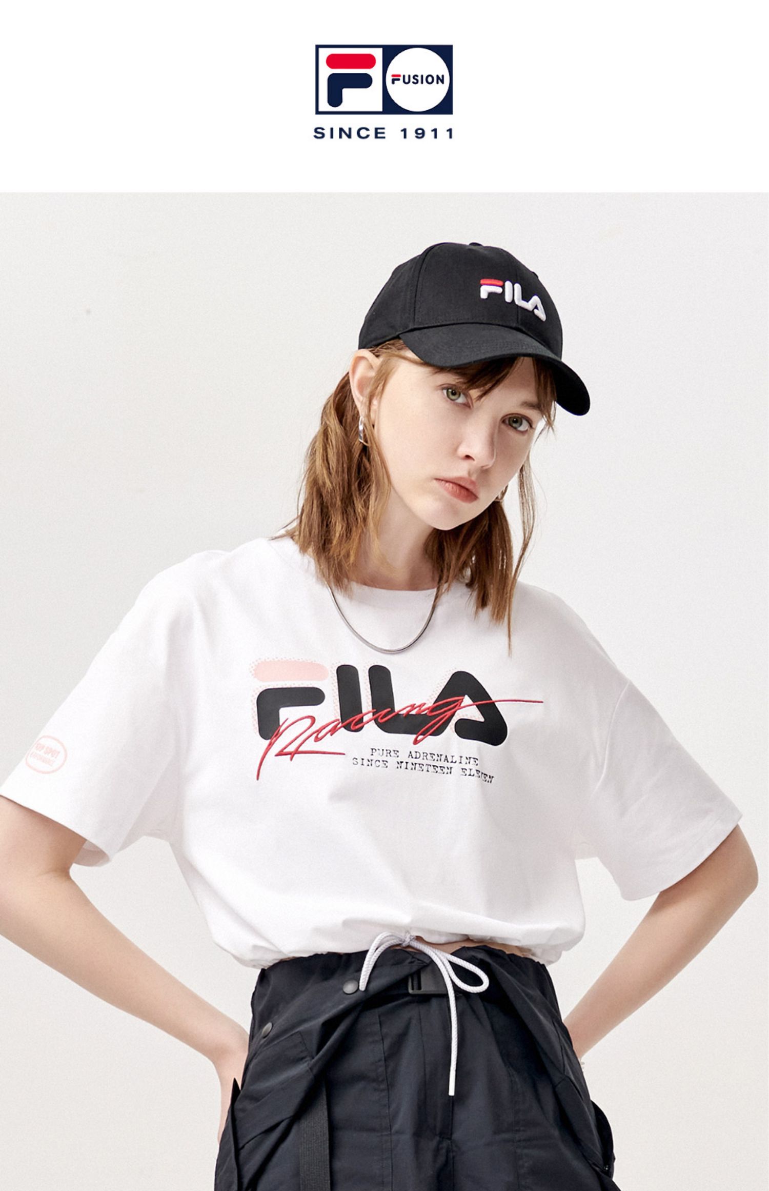 fila fusion 斐乐潮牌针织短袖衫2021夏季新款时尚运动短款t恤女 标准