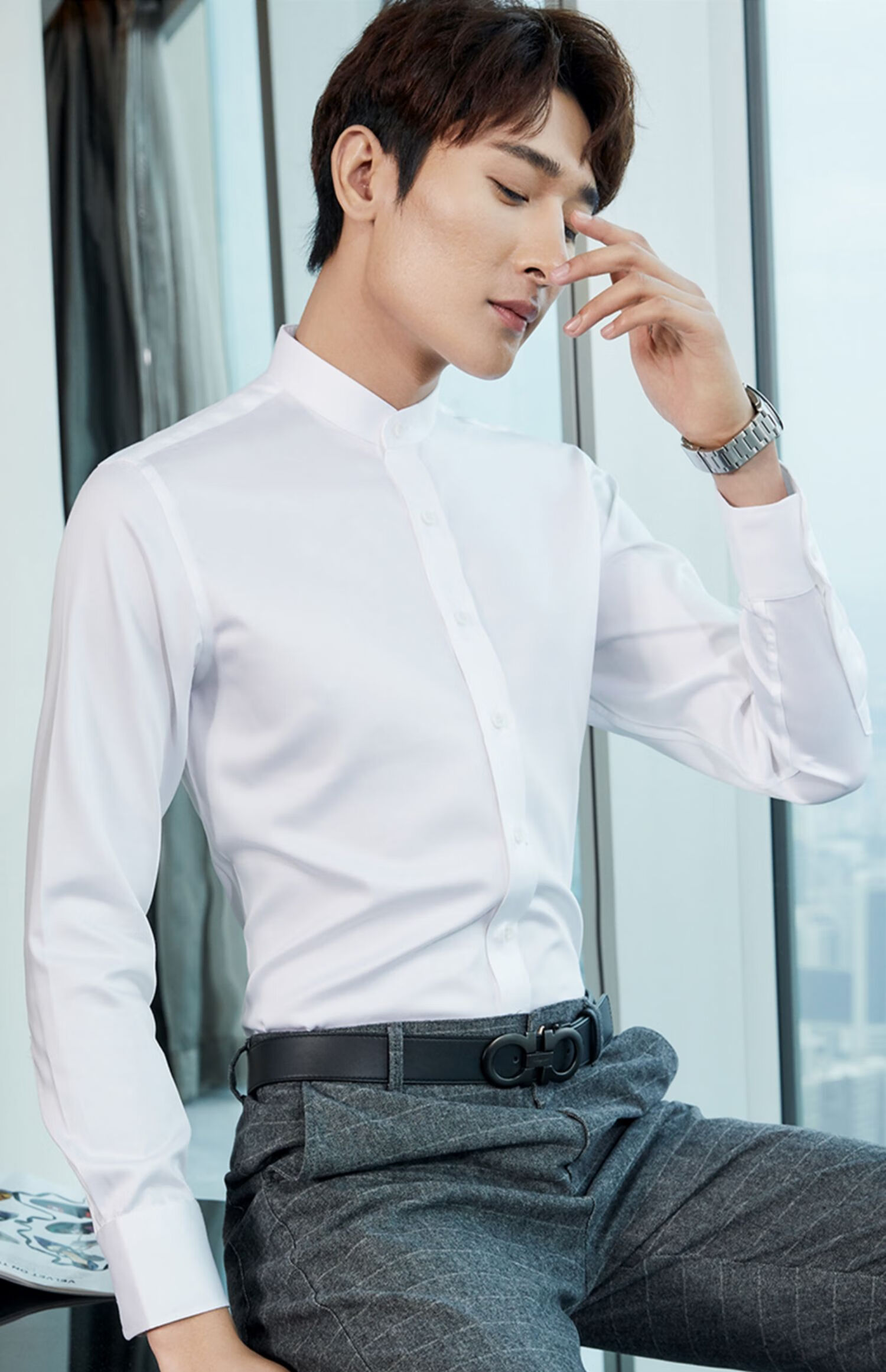 罗蒙抗皱免烫衬衫男商务休闲爸爸装21年新品中华立领衬衫男长袖白色