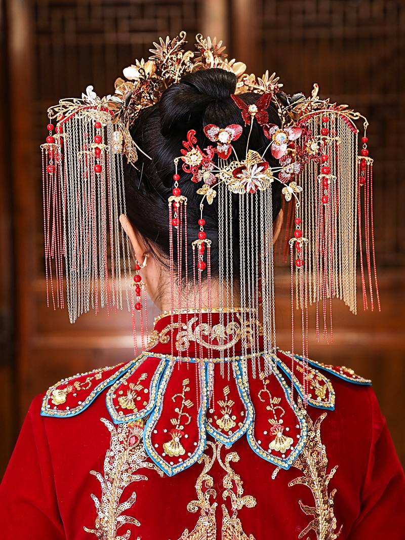 zhangu新娘头饰中式大气流苏古装秀禾服凤冠结婚秀禾头饰新款红色绮涵