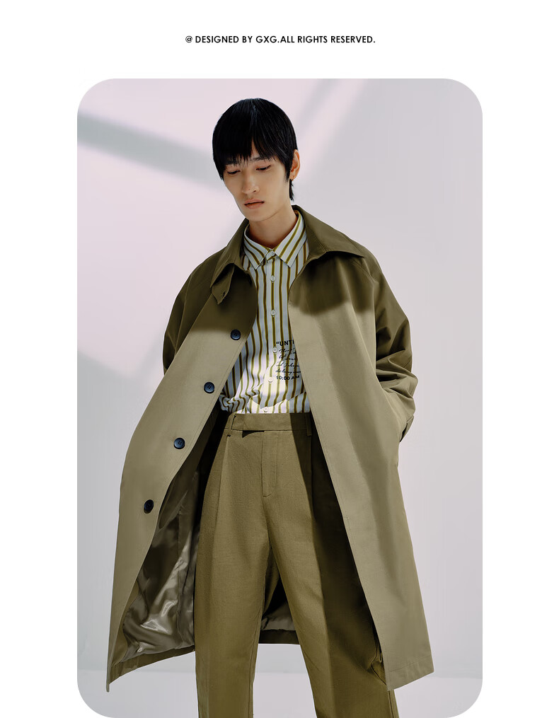 gxg男装斯文系列21年春季新款原色主题军绿色风衣男士外套潮军绿170m