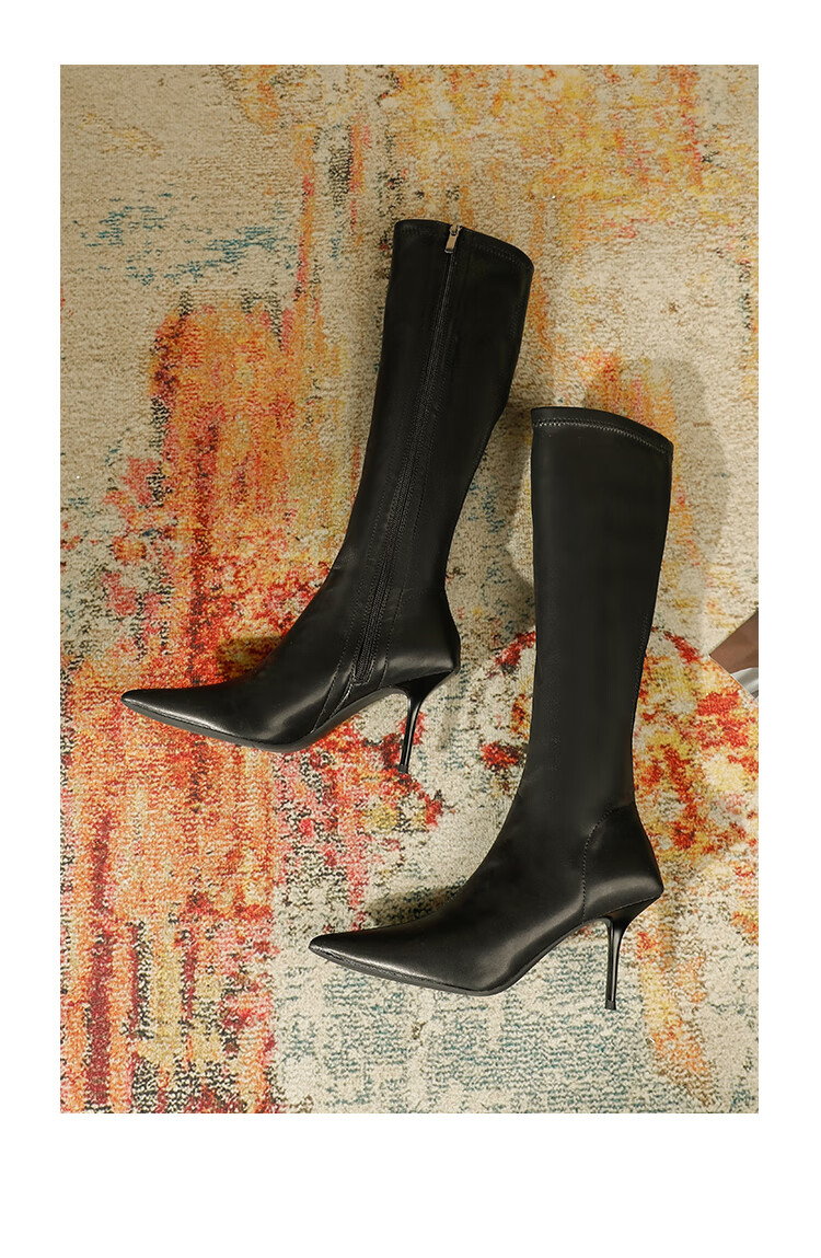 女士细高跟长筒靴子显瘦长靴女冬瘦瘦靴尖头骑士靴高跟高筒单靴 绿色