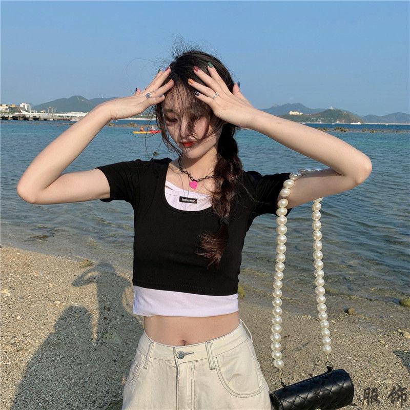 短装t恤女露脐装性感露脐短袖女t恤夏季韩版新款显瘦假两件甜辣风短款