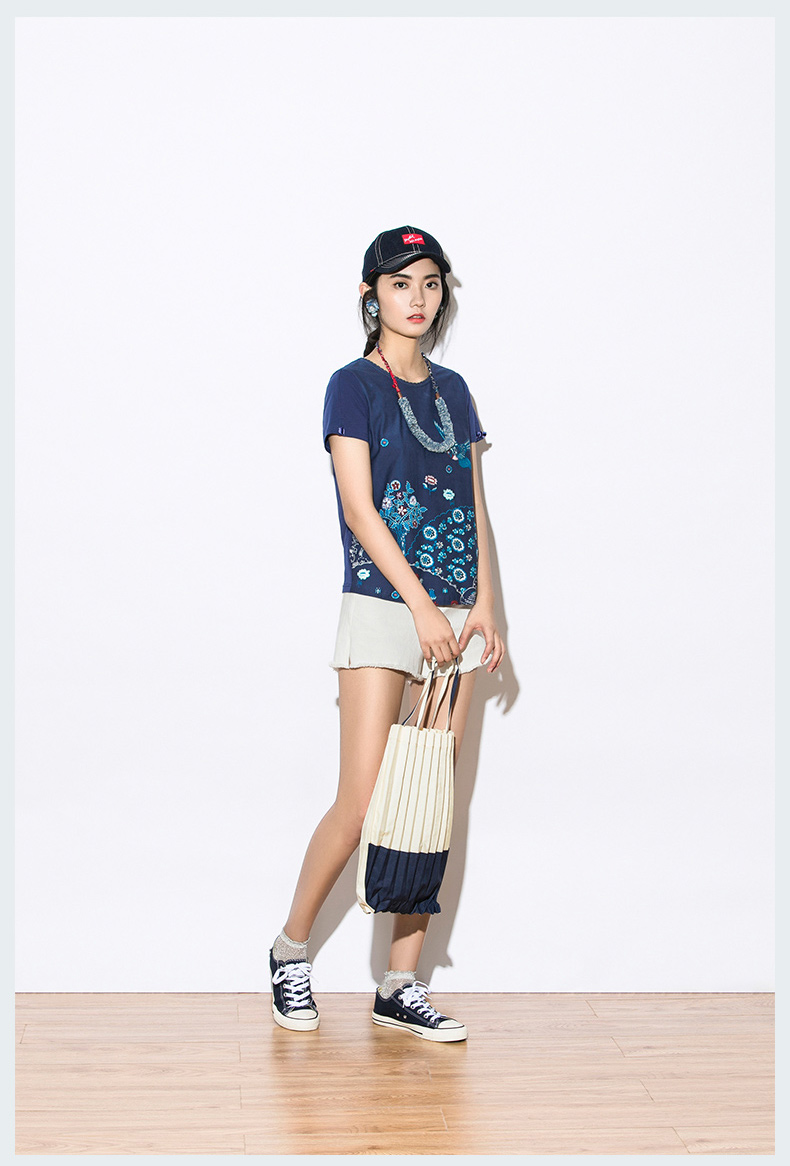 渔牌女装针织t恤女2021年新款夏季趣味印花短袖女士上衣 淀蓝 165/84a