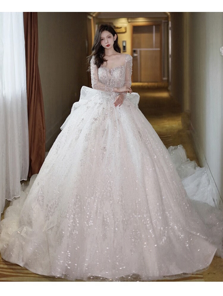 新娘轻婚纱主婚纱礼服新娘小个子简约质感法式复古齐地出门轻纱 白色