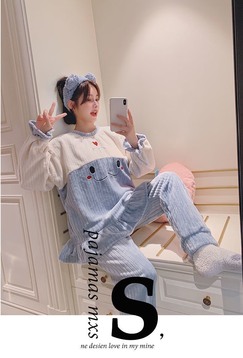 恩瑶睡衣女秋冬季珊瑚绒可爱甜美卡通法兰绒套装学生大码可外穿家居服