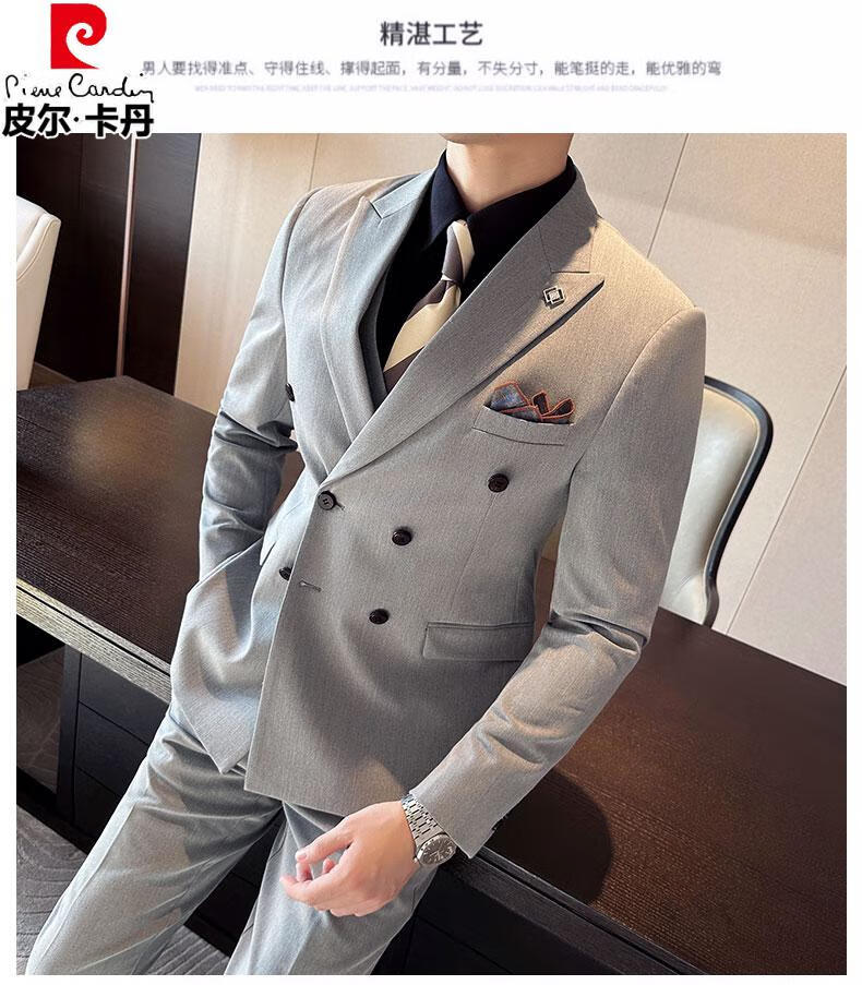 皮尔卡丹（pierre cardin西服灰色西裤礼服主持人）西服套装男士双排扣大码商务休闲正装韩版修身帅气主持人结婚礼服 浅灰色 西服西裤马甲配白衬衣黑 S 90斤左右详情图片12