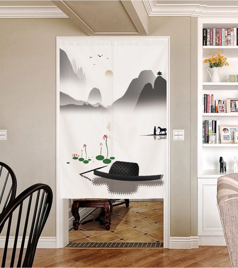 新中式山水玄关禅意门帘布帘家用装饰半截隔断帘厨房厕所卧室遮挡帘挂