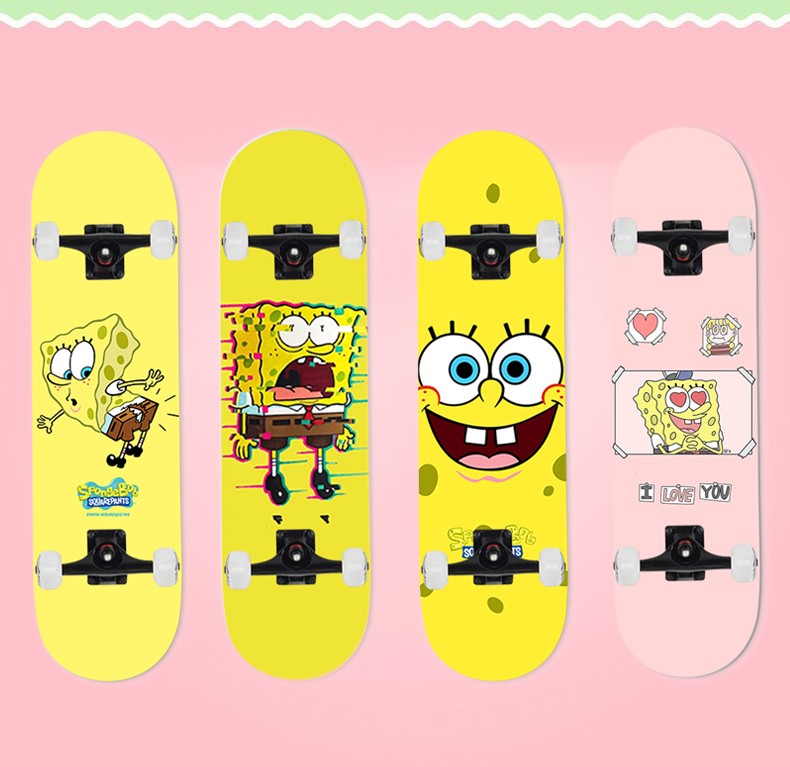 王一博同款海绵宝宝滑板儿童四轮滑板车初学者专业板男女孩闪光轮双面