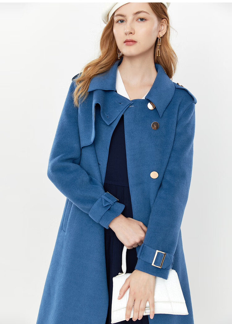 yiner音儿女装2020冬季新款时尚中长款双排扣系带风衣外套 蓝色 42