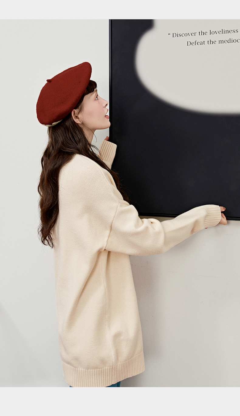 阔色软奶风半高领宽松毛衣外套女2021新款秋冬慵懒针织上衣杏色l