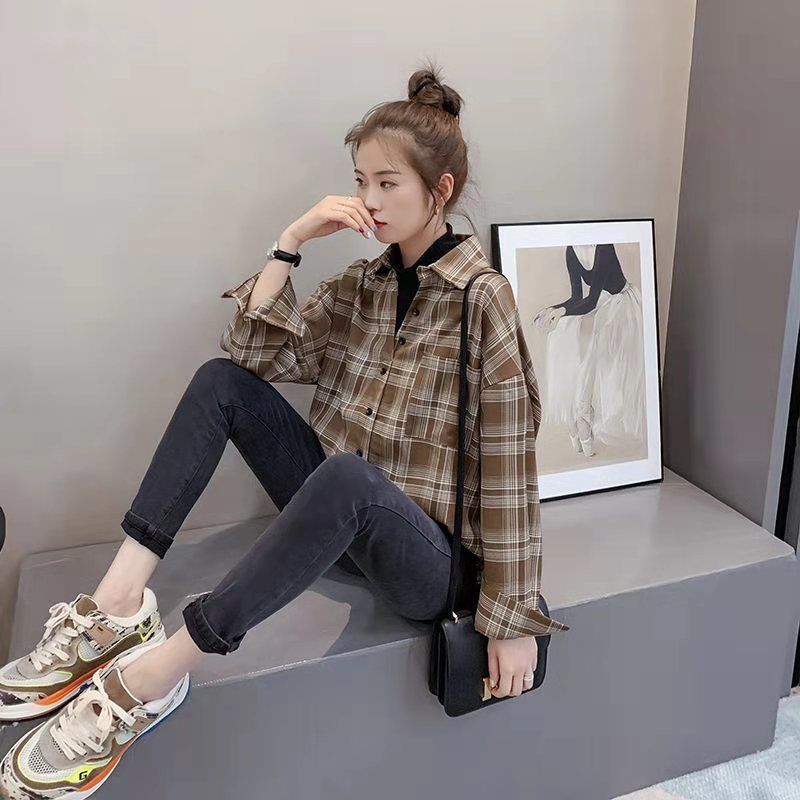 新品 格子衬衫女学生韩版外套夏春秋上衣女装长袖冬打底衬衣中长款吉