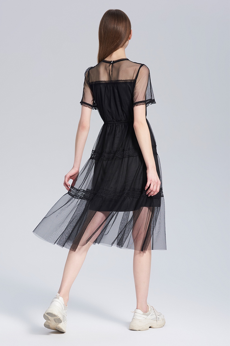 five plus新款女装网纱连衣裙短袖高腰气质中长款裙子透视 黑色090 m
