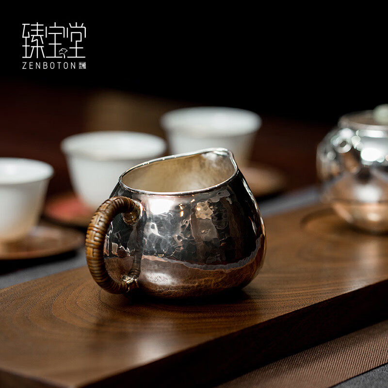 臻宝堂公道杯纯银手工匀杯分茶器锤纹圆把公杯茶杯功夫茶道具配件汲直