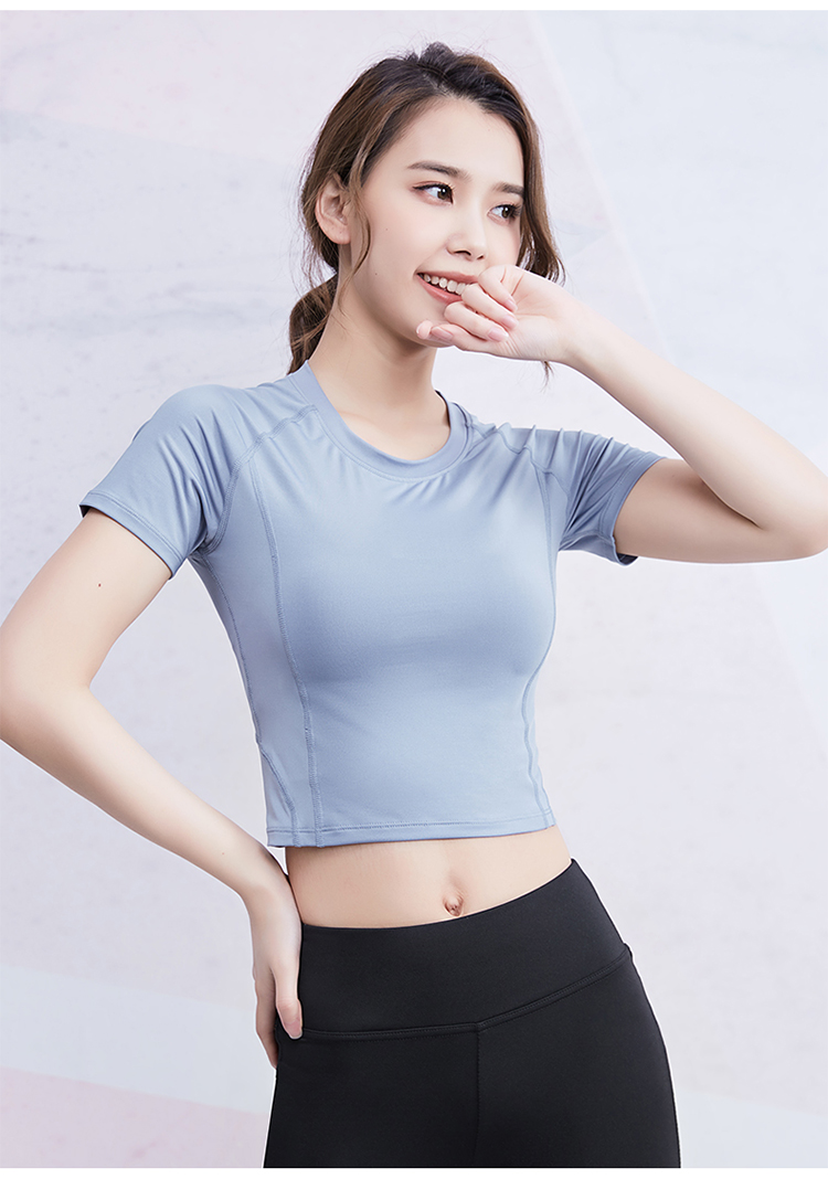 短款露脐健身衣女速干瑜伽服上衣健身房锻炼拼网透气跑步运动短袖