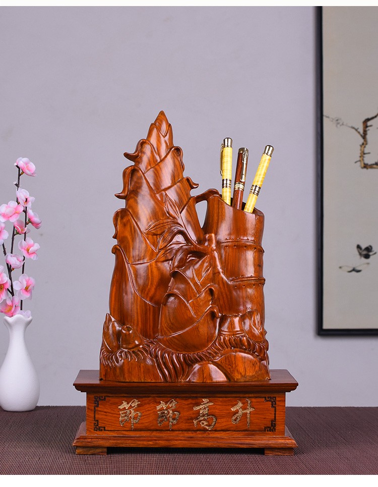花梨木雕竹子笔筒摆件节节高升家居客厅红木工艺品高档商务礼品 整木