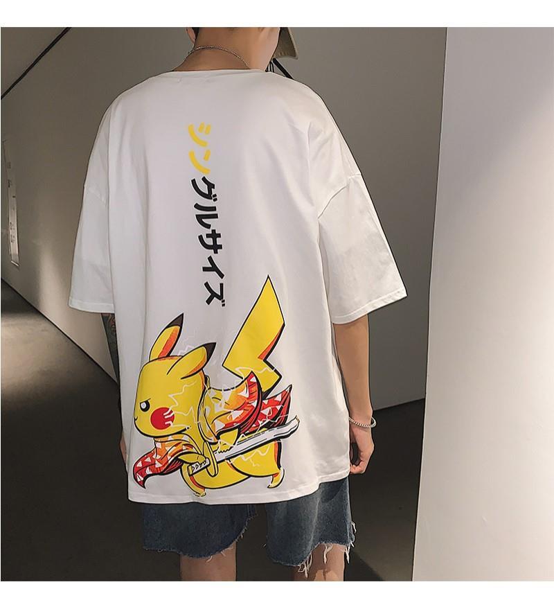 新款夏季皮卡丘短袖t恤男士加肥大码韩版潮牌ins情侣百搭圆领体恤后背