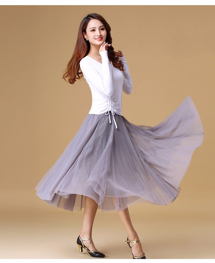 广场舞服装女上衣民族风舞蹈网纱长裙演出服装跳舞衣服白色蓝色网纱