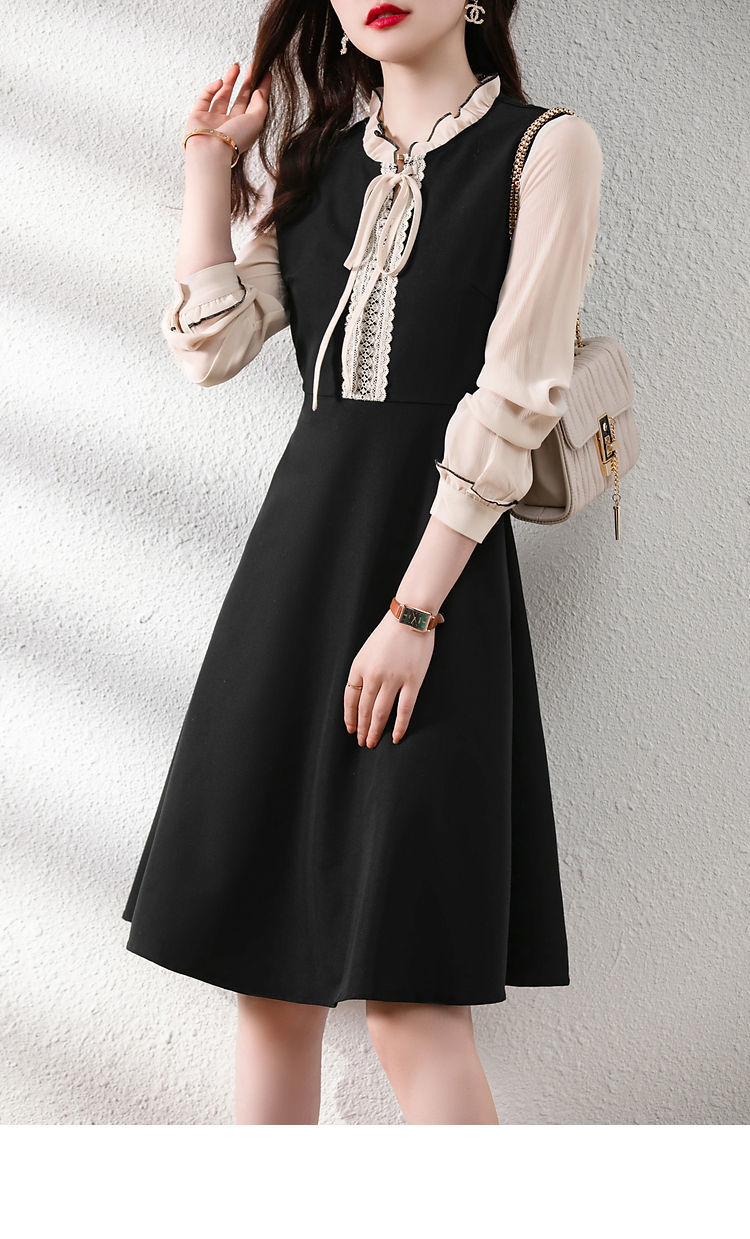 小个子连衣裙女2021春装新款洋气时尚木耳边收腰显瘦长袖拼接裙子图片