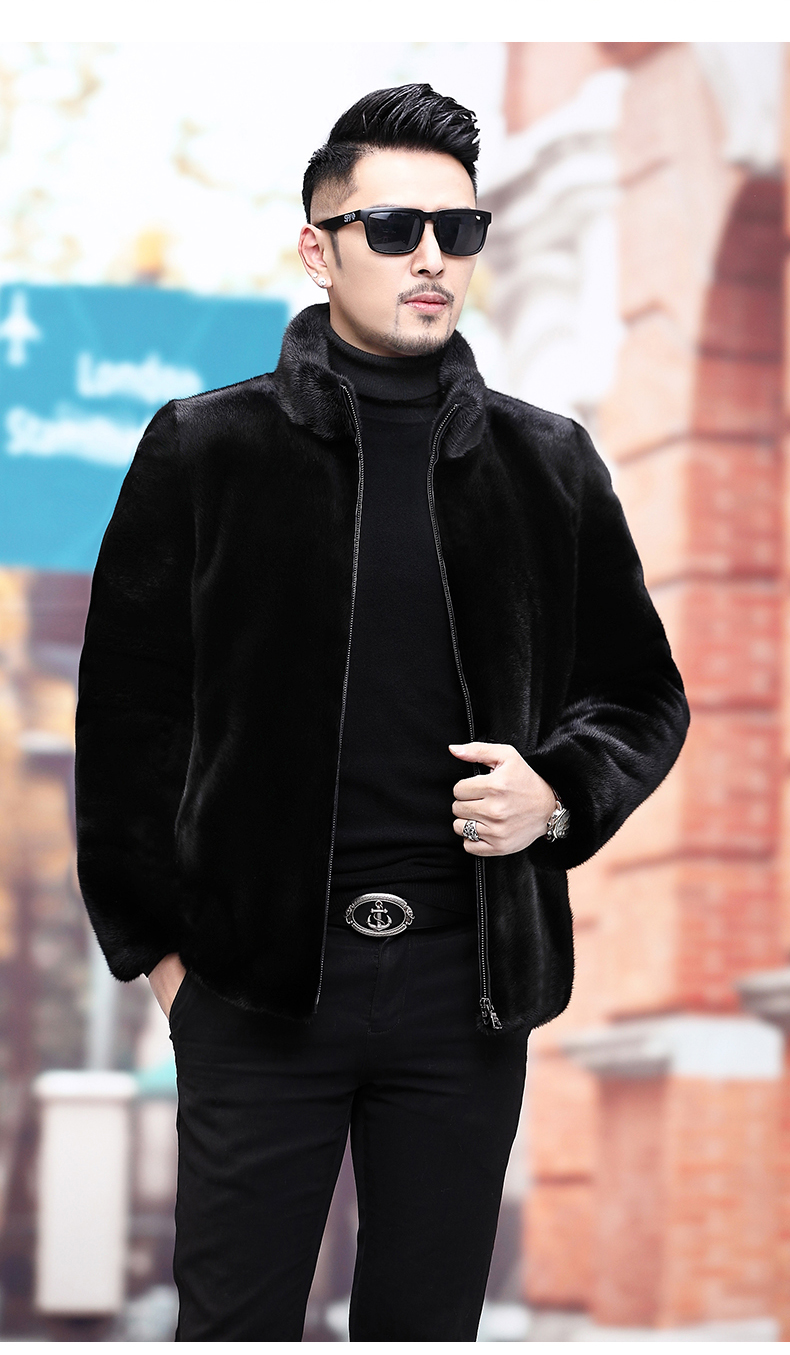 恒源祥水貂皮外套男士短款立领皮夹克整貂裘皮草大衣皮毛一体外套