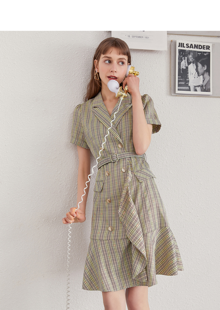 衣香丽影韩版西装领条纹中长款森女系连衣裙女女装粉橘格纹l