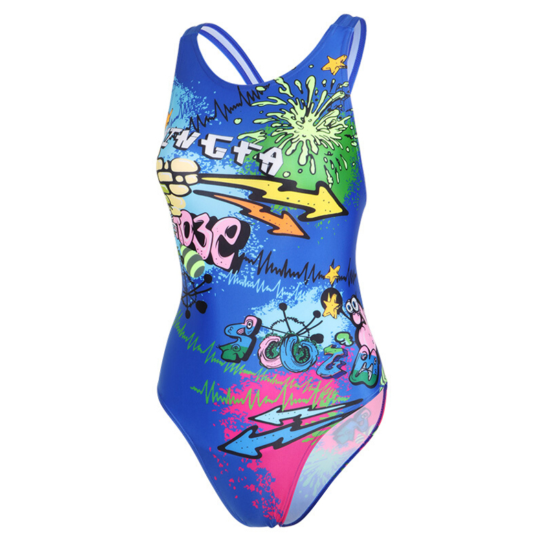 泳衣女童儿童泳衣女女童中大童比赛训练竞速显瘦连体三角游泳装彩虹