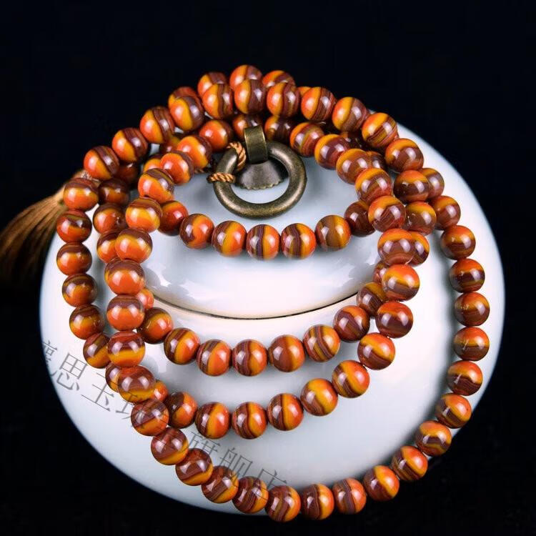 战国红手串 原矿宣化战国红北票玛瑙南红黄缠丝108颗四圈手串项链念