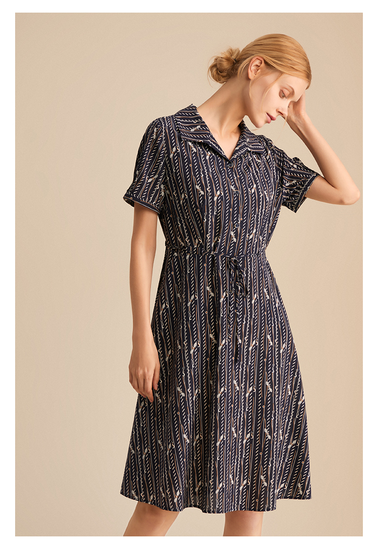 zb珍贝真丝连衣裙2021夏季新款桑蚕丝印花中裙系带通勤复古薄078藏青