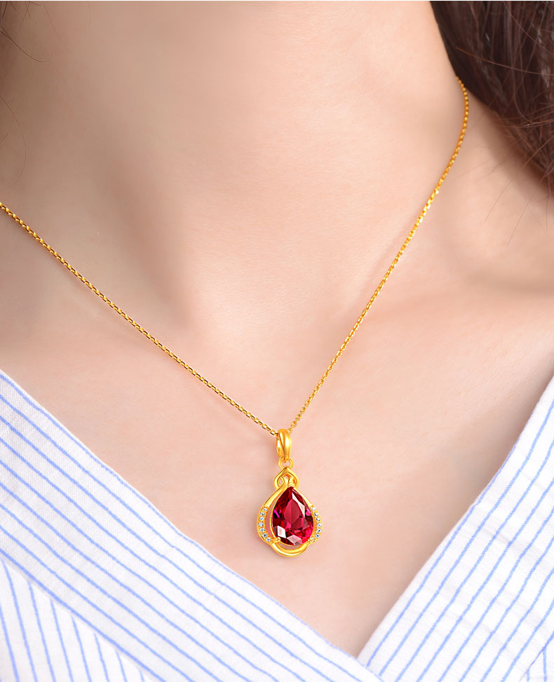 999黄金项链女水滴黄金吊坠红宝石细款潮生日礼物送女友送亲人订婚