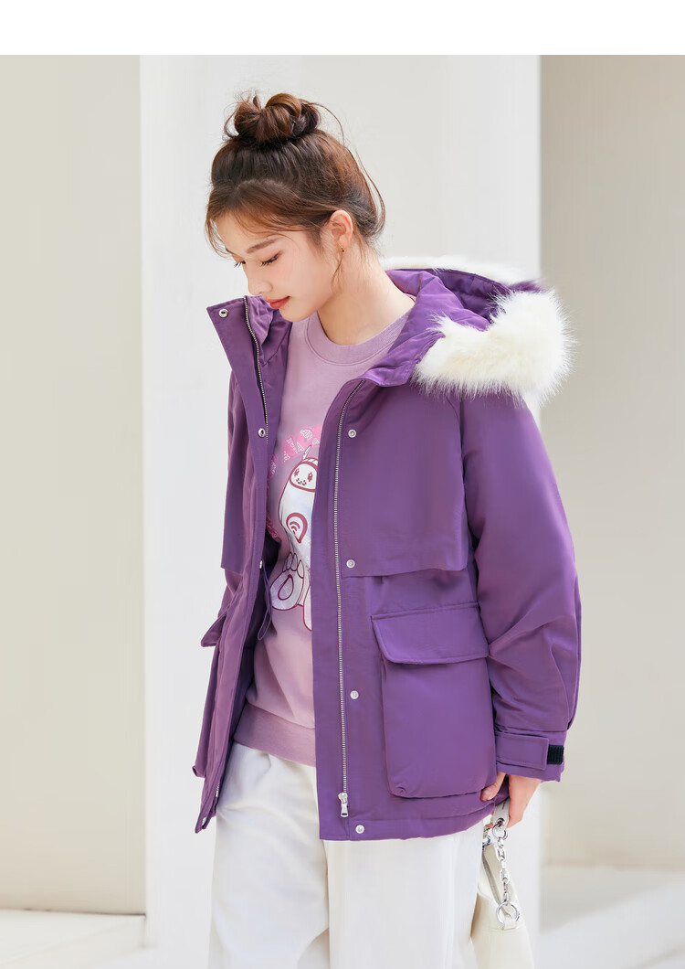 semir森马羽绒服女中长款仿狐狸毛毛领插肩袖2022冬宽松连帽厚外套