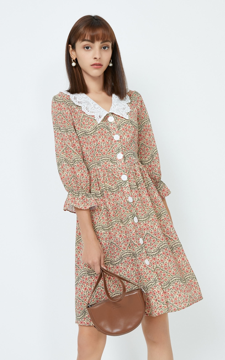 vero moda秋季新款复古田园翻领碎花七分袖连衣裙32037c024 c13卡其色