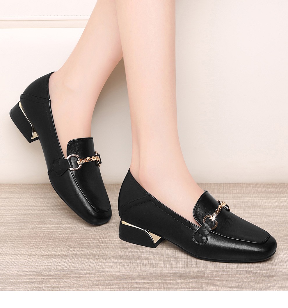 真皮皮鞋女方头粗跟鞋女时尚休闲女鞋职业工作鞋中跟妈妈鞋一脚蹬女鞋