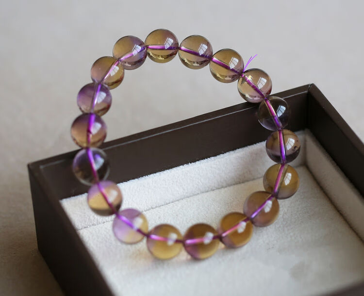 默奢天然半紫半黄紫黄晶手链女单圈首饰珠子直径9mm