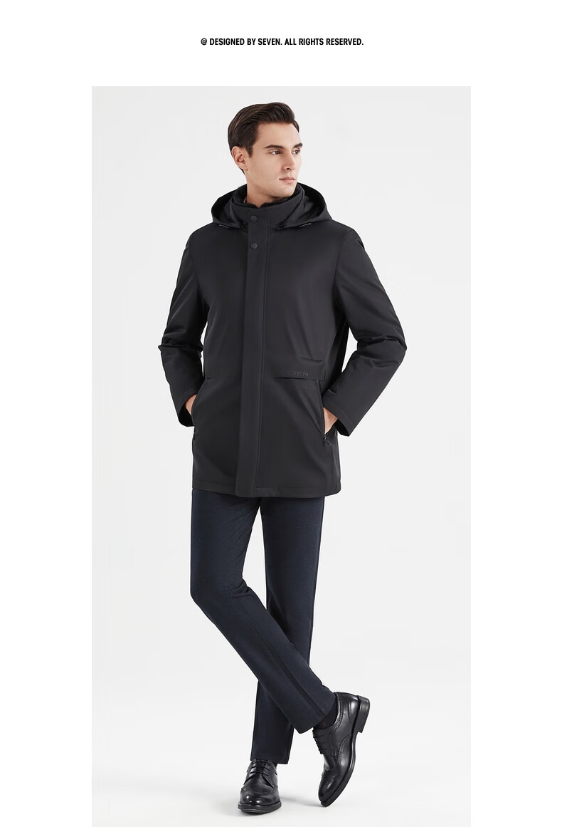 尼克服柒牌男款长袖外套时尚潮流中青年黑色帽领冬装厚款大衣黑色175
