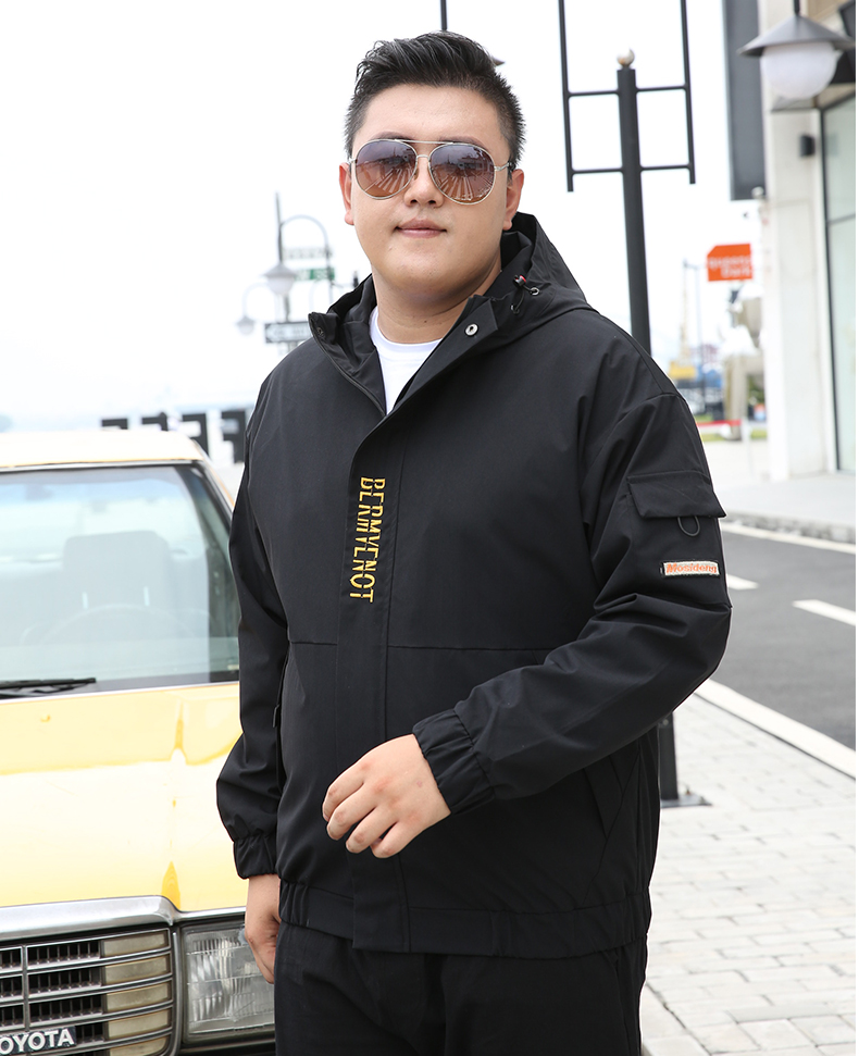 码工装外套男200斤宽松潮胖春秋季男装5加肥加大6胖子7肥佬夹克黑白l
