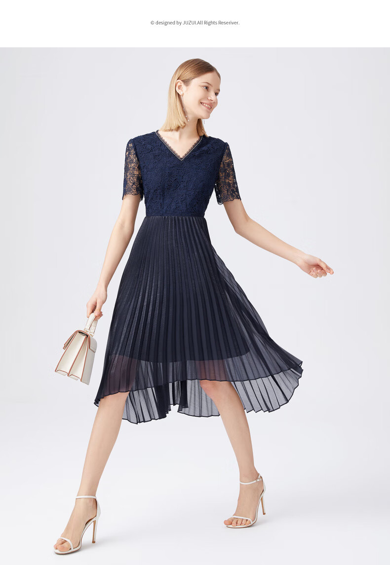 juzui/玖姿官方店夏季新款v领烫钻蕾丝百褶优雅女连衣裙 深蓝 s
