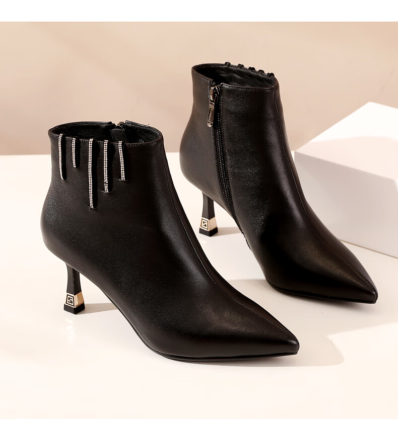 蜘蛛王女鞋皮鞋女靴冬季加绒靴子鞋子冬款冬天女款冬靴侧拉链软皮高跟