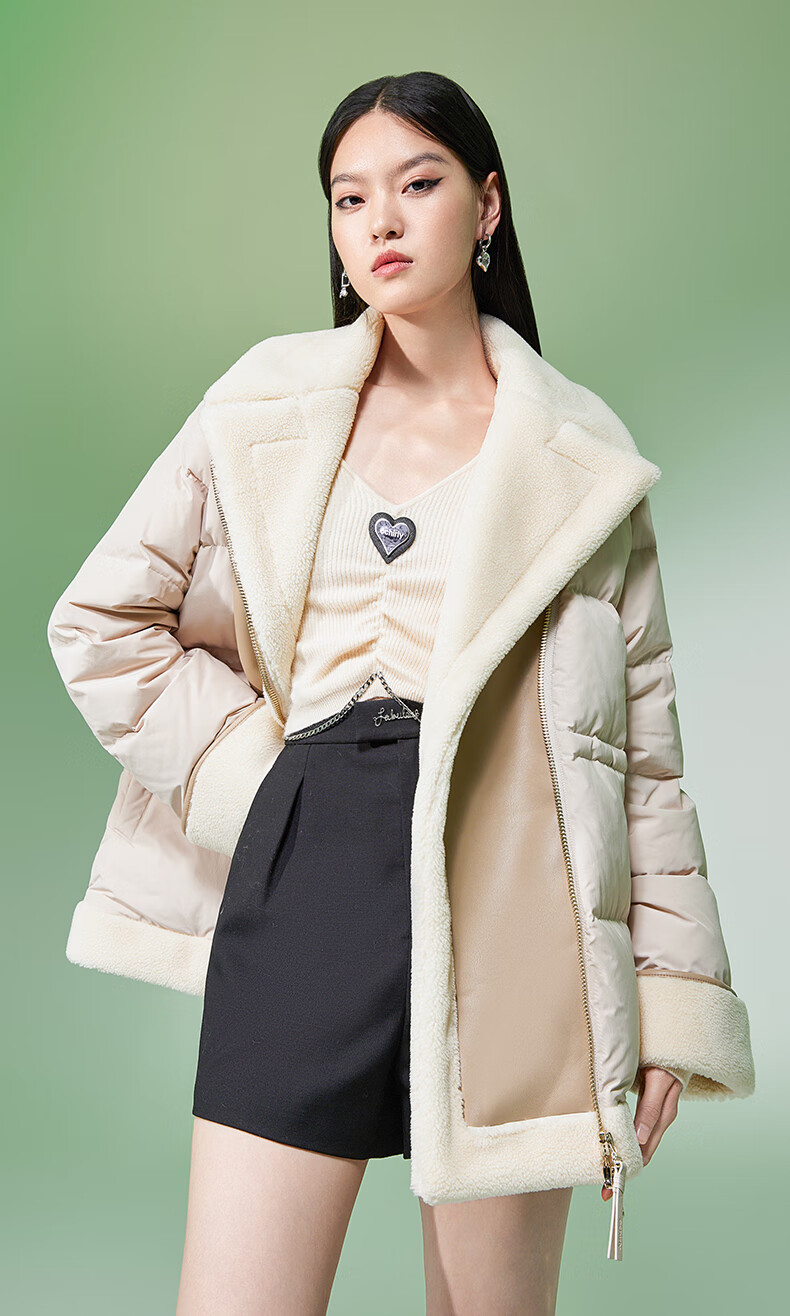 ochirly欧时力中长款羽绒服女2022新款秋冬拼接pu胆布保暖外套 浅杏