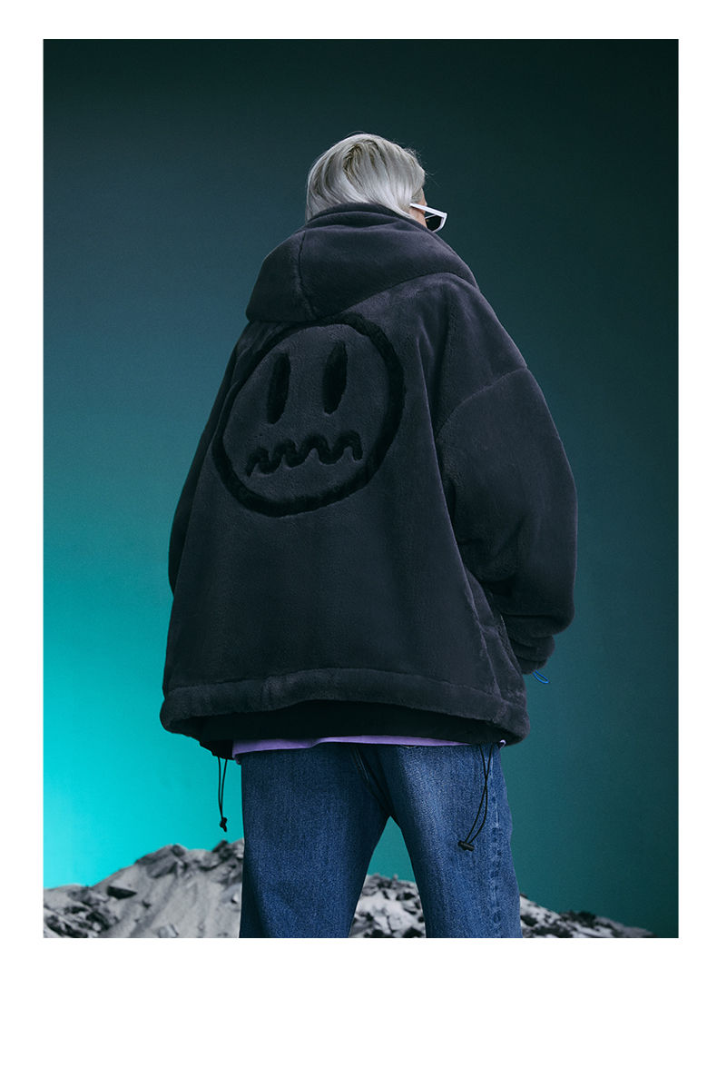 beaster小恶魔鬼脸抓绒外套棉衣情侣潮流时尚男保暖加厚宽松外衣 灰色