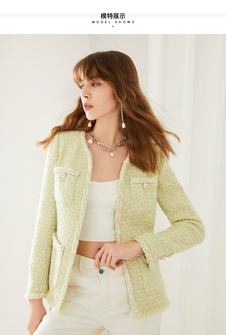 女装 短外套 bebe bebe 2021早春新品女士圆领粗花呢编织毛边夹克时尚