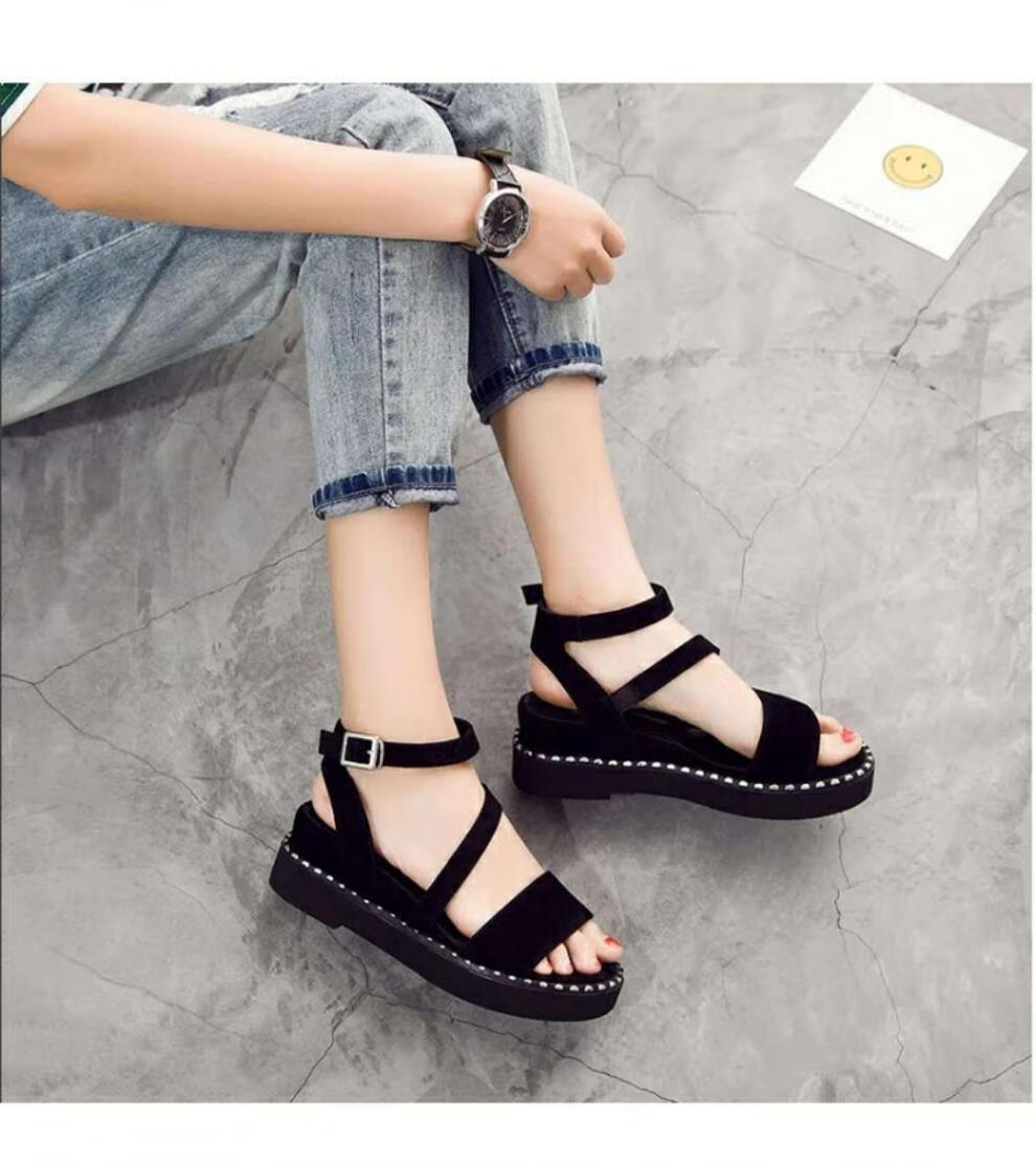 运动凉鞋女新款夏季韩版百搭时尚复古休闲平底学生厚底松糕鞋黑色37