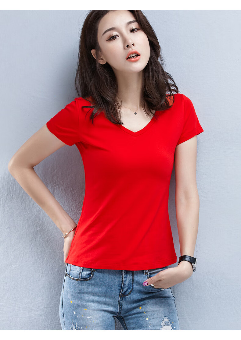 南极人21年t恤女 大红色v领短袖t恤女修身短款纯棉半袖本命年鸡心领