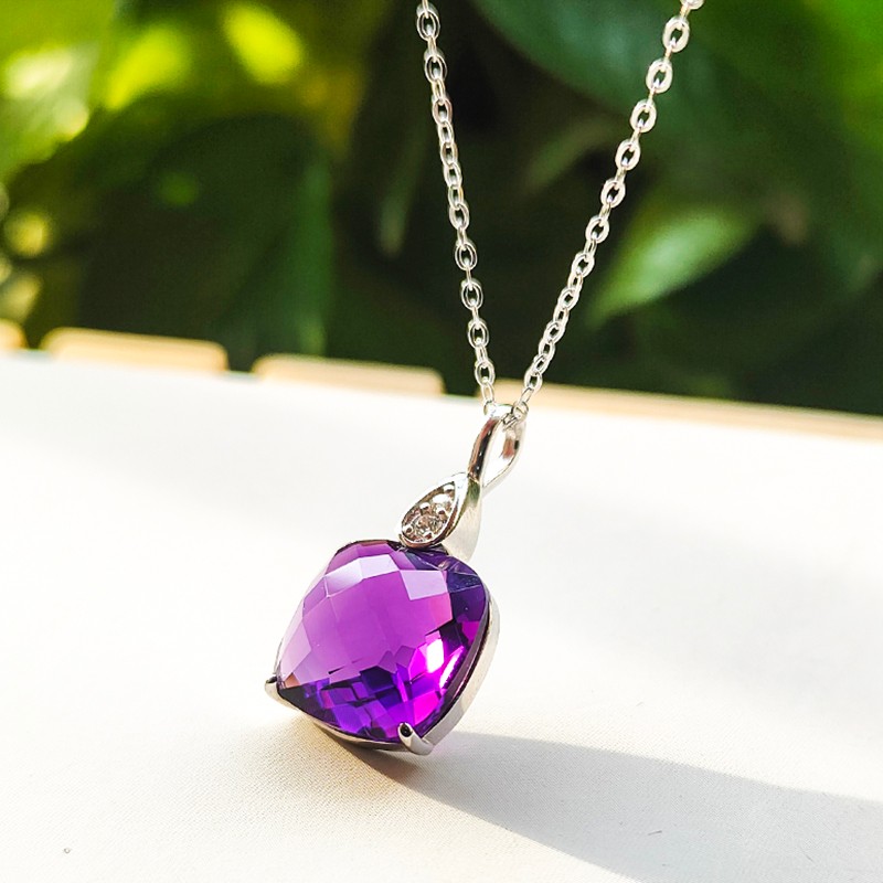 顶盈原创天然紫水晶吊坠s925银链简约时尚方形项链气质女款百搭型首饰