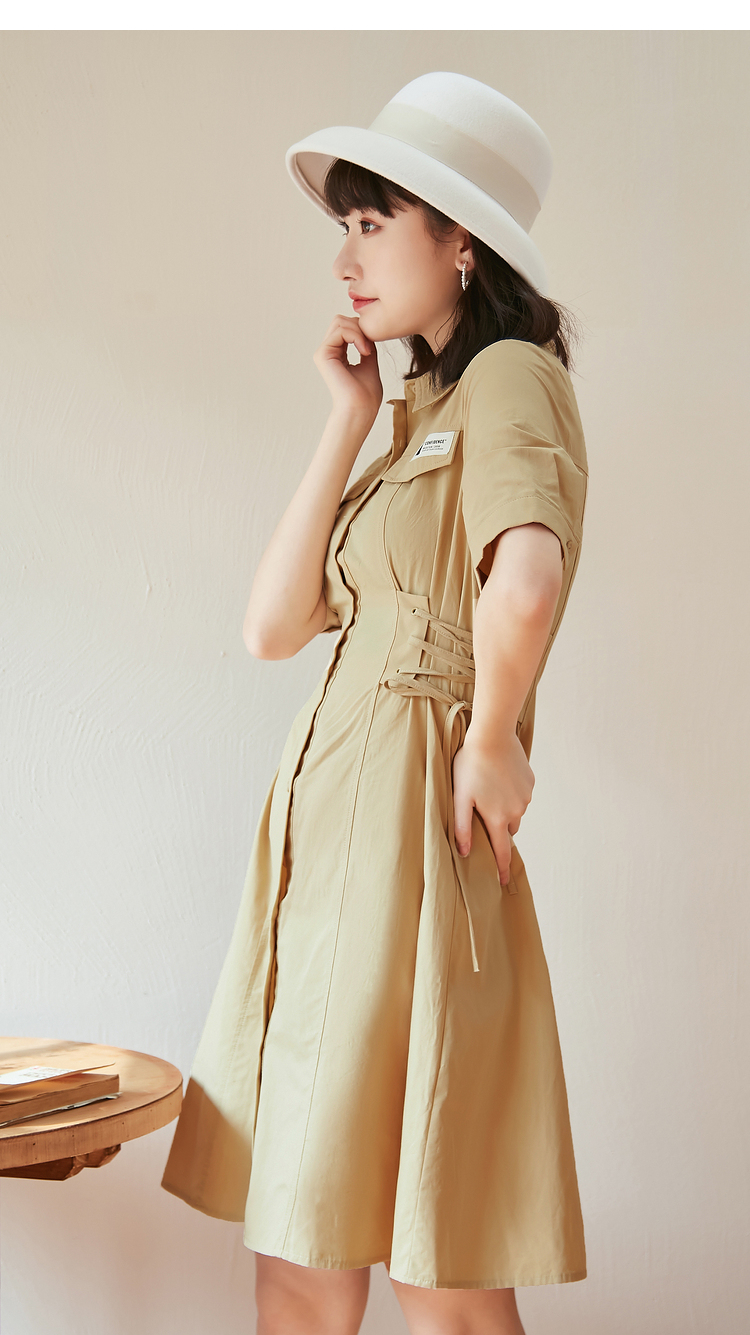 三福2021夏季女装休闲简约优雅舒适气质绑带连衣裙女439121 卡其色