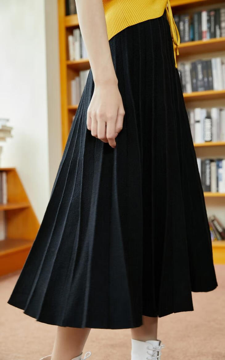 only冬季新款时尚a字百褶针织中长款半身裙女12041j002h51佐伊黄色