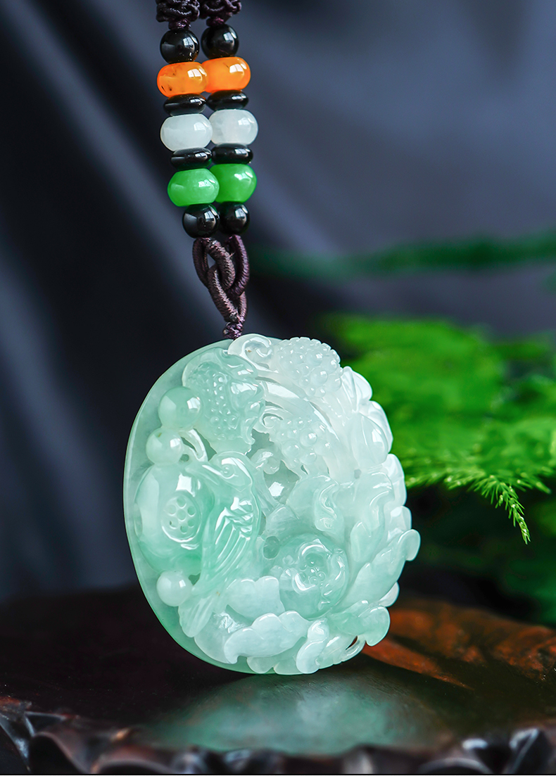 百博冰种浅绿翡翠花开富贵牌吊坠男女款喜鹊牡丹花玉坠挂件毛衣链bb