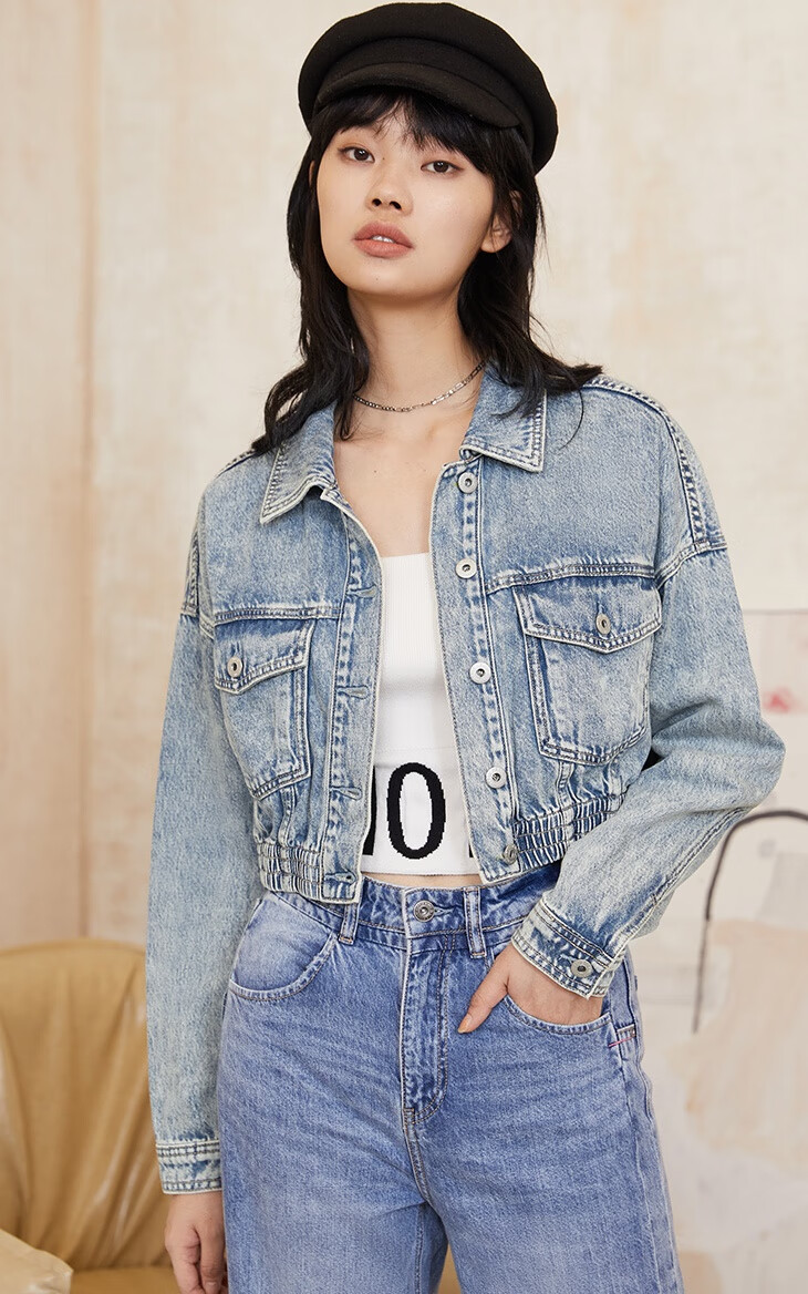 only春季新款休闲气质收腰短款牛仔外套女120354011 510洗水牛仔蓝