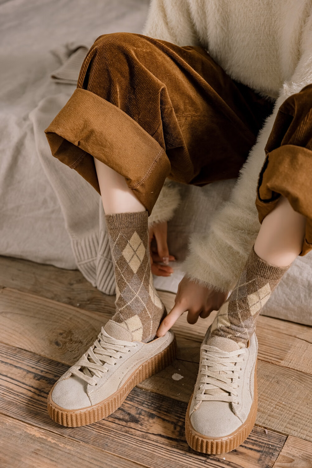 姿秀可豹纹袜子女袜潮冬天加厚堆堆袜日系菱形驼色长袜女羊毛豹纹菱形