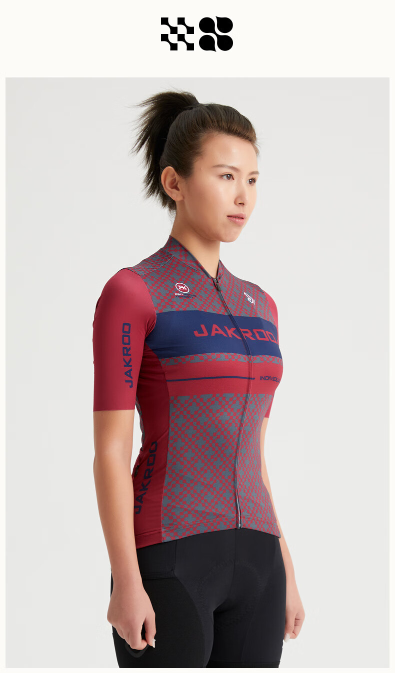 jakroo捷酷2021新款夏季女士短袖上衣ind花轮山地自行车骑行服深红色l